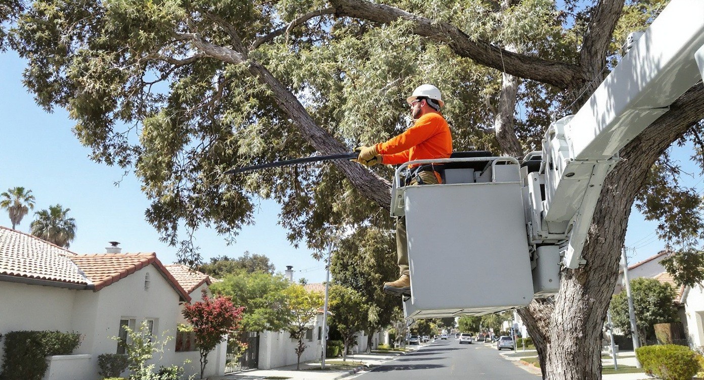 ArborSD crew trimming a tall tree from a bucket truck in San Diego