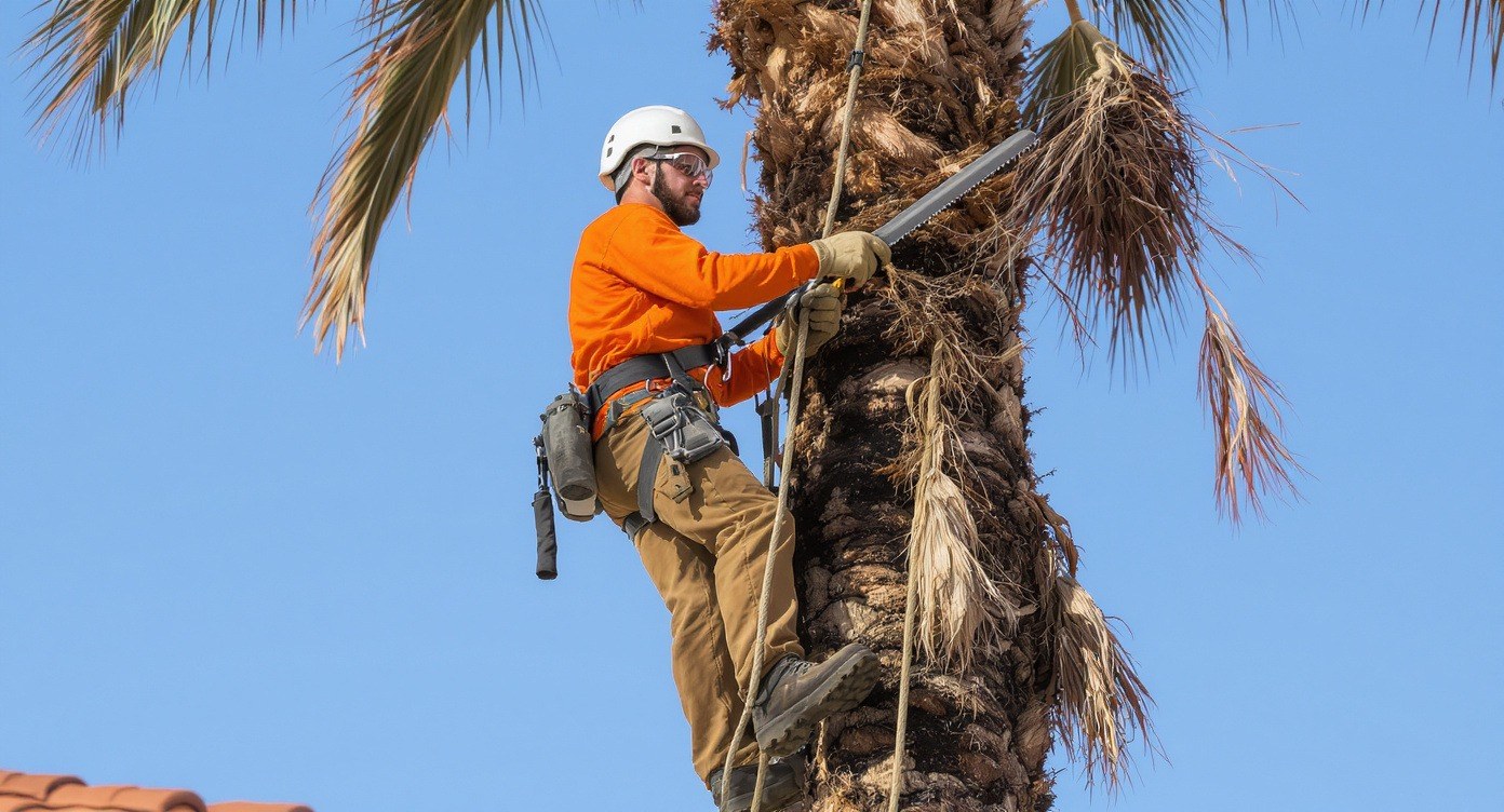 ArborSD climber in safety gear pruning a tall palm tree in San Diego